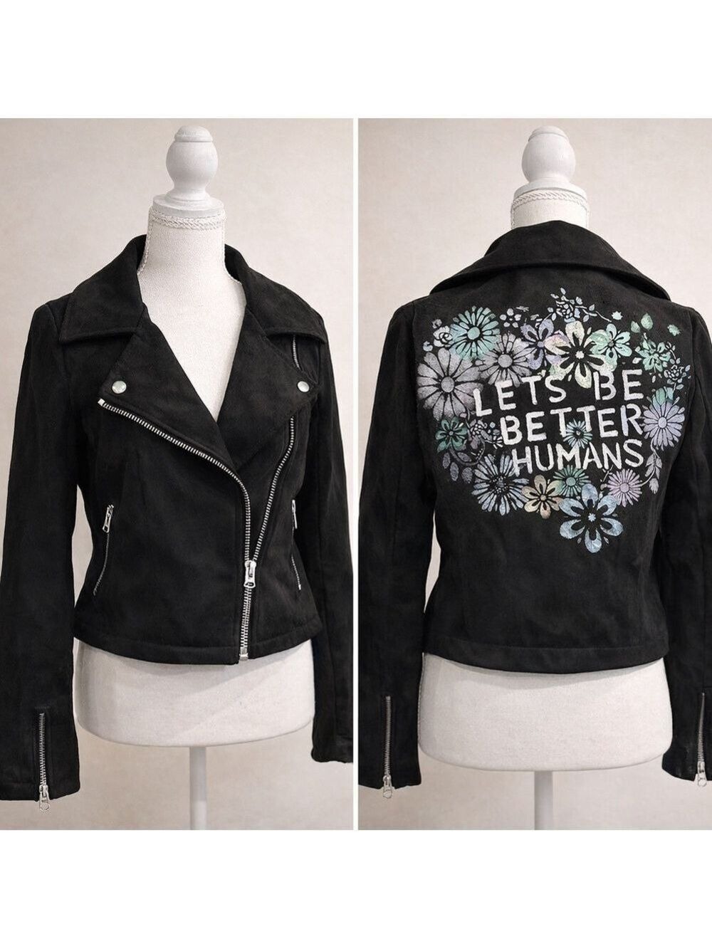 Silence + Noise Black Faux Suede Moto Jacket “Let’s Be Better Humans” - Picture 2 of 13